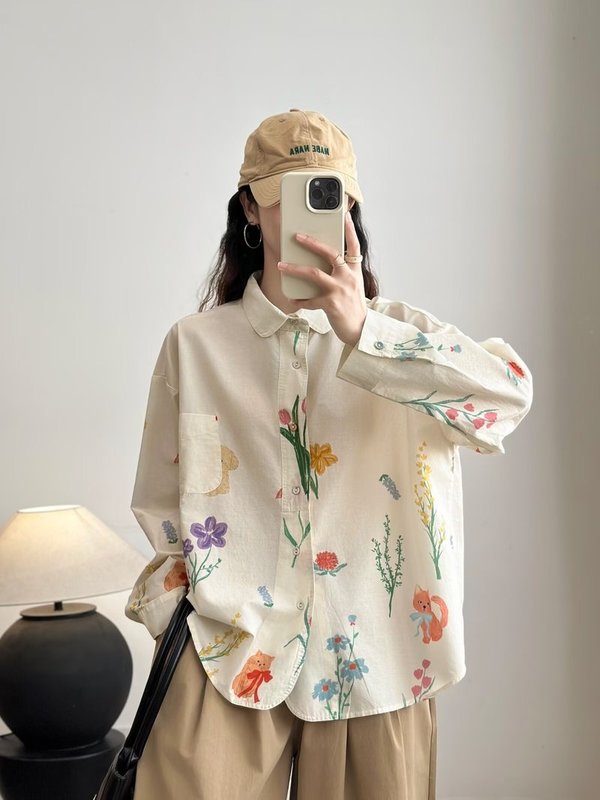 2025 Autumn New Cartoon Rose Print Loose Large Version Women's Cardigan Long Sleeve Shirt Wholesale