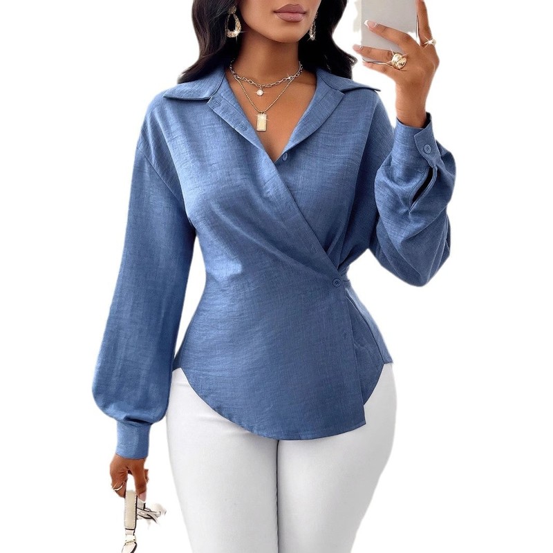 ヨーロッパとアメリカの貿易婦人服アマゾンの新しいファッション通勤レディースシンプルな無地長袖カーディガンシャツトップ|undefined