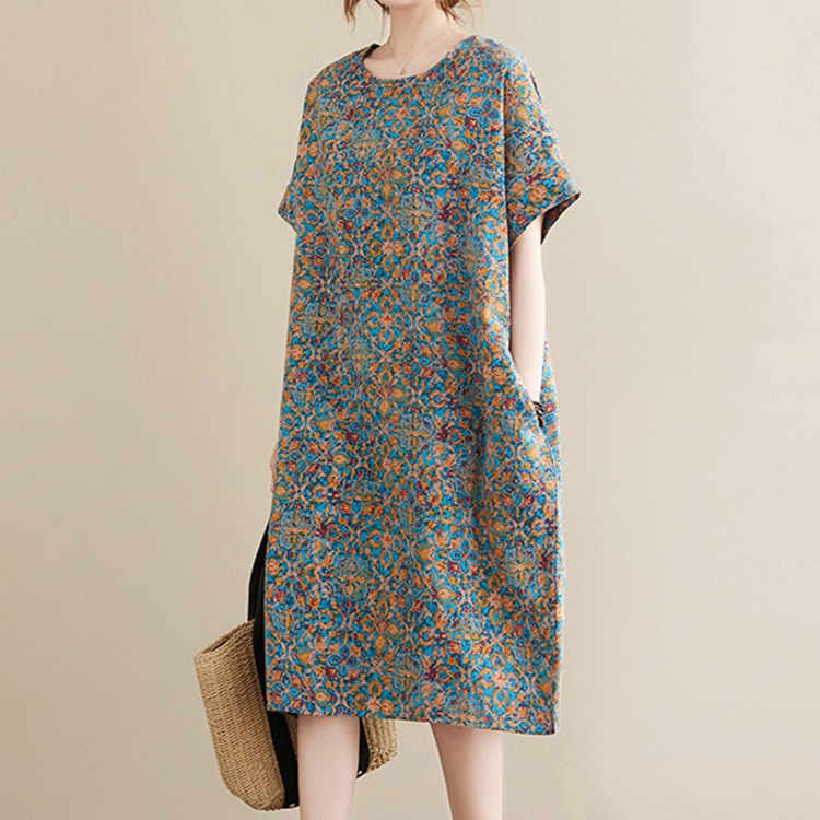 外贸日单尾货清仓女复古碎花亚麻a字长裙大码短袖棉麻连衣裙