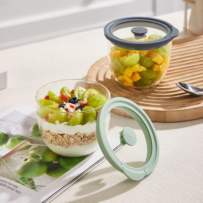 Overnight Oatmeal Bowl Glass Sour Milk Cup Breakfast Cup Portable with Sealed Glass Bowl Microwave Oven Heatable