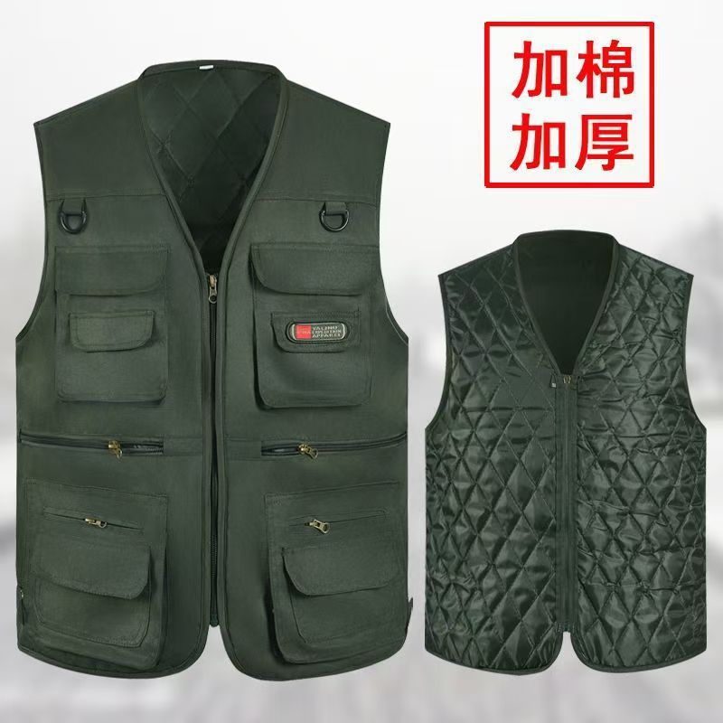 Men's Cotton Vest for Middle-Aged and Elderly, Multi-Pocket Outdoor Fishing V-Neck Work Vest, Thickened and Warm