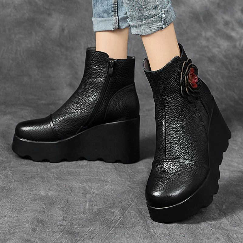 Leather этнические высокие модные низкие ботинки на платформе, коровья кожа, цветочный узор, этнический стиль, мягкая подошва, китайский стиль