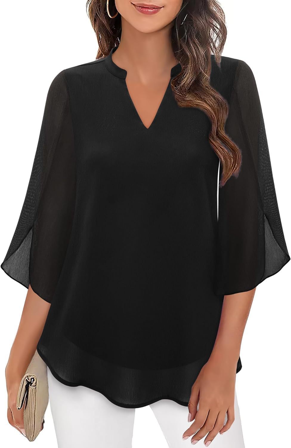 Camicia in chiffon con scollo a v e maniche a petalo per estate_voghion.com