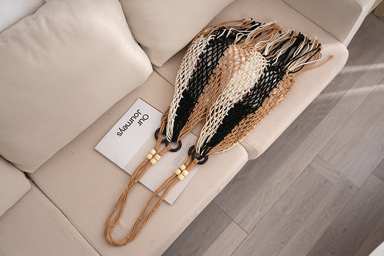 Women's Medium Cotton Rope Color Block Vacation Beach Tassel Weave Bucket Open Straw Bag display picture 5