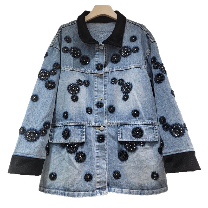 Colar de terciopelo de color de contraste pesado con chaqueta de vaqueros de diamante para mujeres 2026 nuevo suelto delgado retro hacer vieja camisa de manga larga