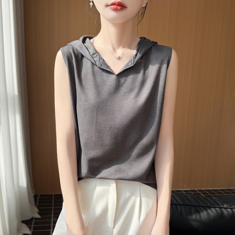 2026 Summer New Style Sleeveless Hooded Collar Short-Sleeved Vest for Women, Elastic Slim Fit, Casual and Versatile Tops for Women