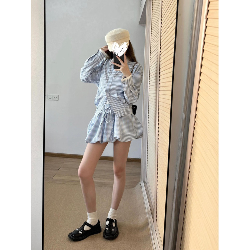 小众清冷感撞色蓝格子翻领长袖衬衫女2025新款花苞裙短裙两件套装|undefined