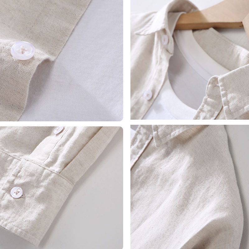 Primavera y otoño solapa de manga larga camisa de lino japonés suelta moda casual Camisa blanca Camisa de algodón y lino chaqueta de los hombres