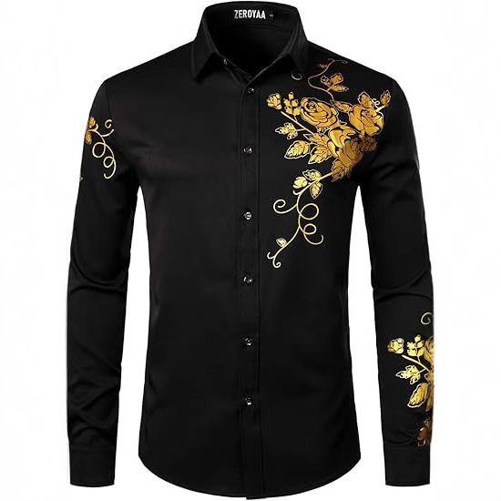 European and American men's fashion rose flower print slim long sleeve button party dress shirt cross-border foreign trade cardigan European and American men's fashion rose flower print slim long sleeve button party dress shirt cross-border foreign trade cardigan