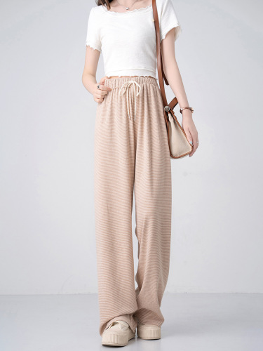Women's Thick Striped Texture Wide Leg Pants with Fleece for Autumn and Winter, Flowy and Slimming High-Waisted Leisure Style Floor-Length Straight Leg