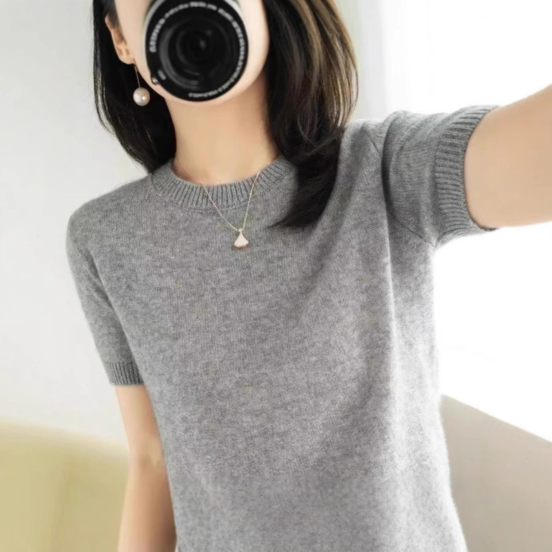 New Knitted Short-sleeved Loose T-shirt Inner Sweater Non-cashmere Base Shirt Spring and Autumn Summer Short Half-sleeved Top