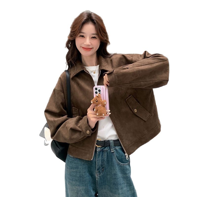 美拉德短款麂皮绒外套女春秋装美式复古慵懒chic又酷又飒皮衣夹克|undefined