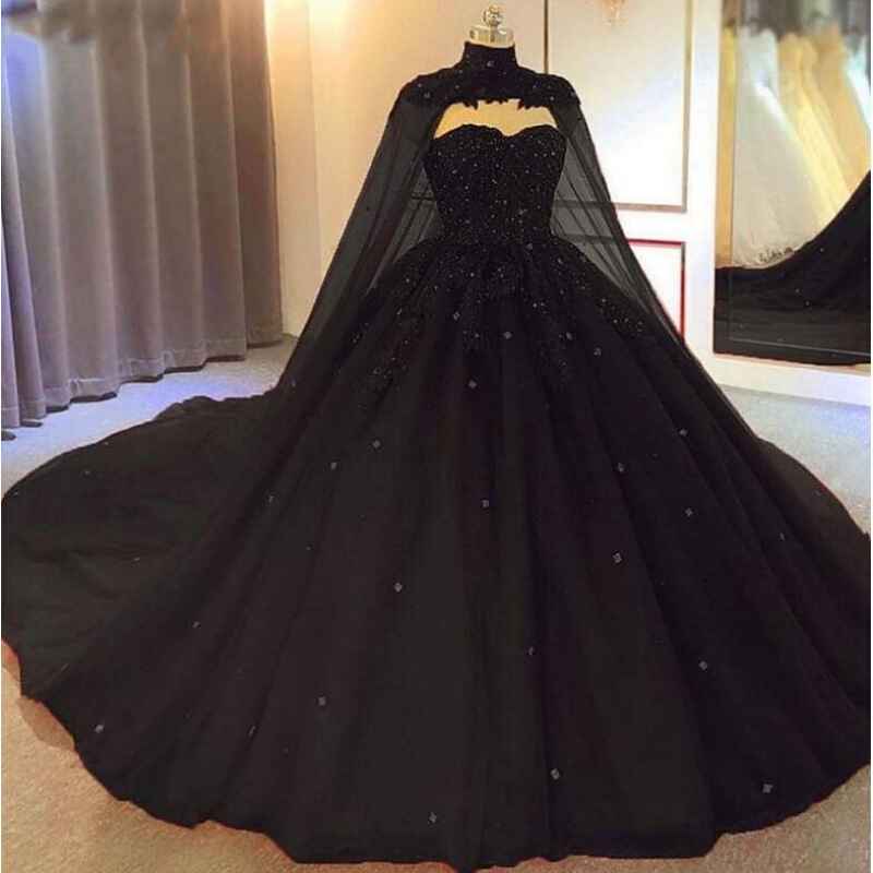 Women's Black Trailing Long Gauze Single-Layer Cloak Small Collar Lace Decal Gauze Cloak Bridal Accessories Gauze