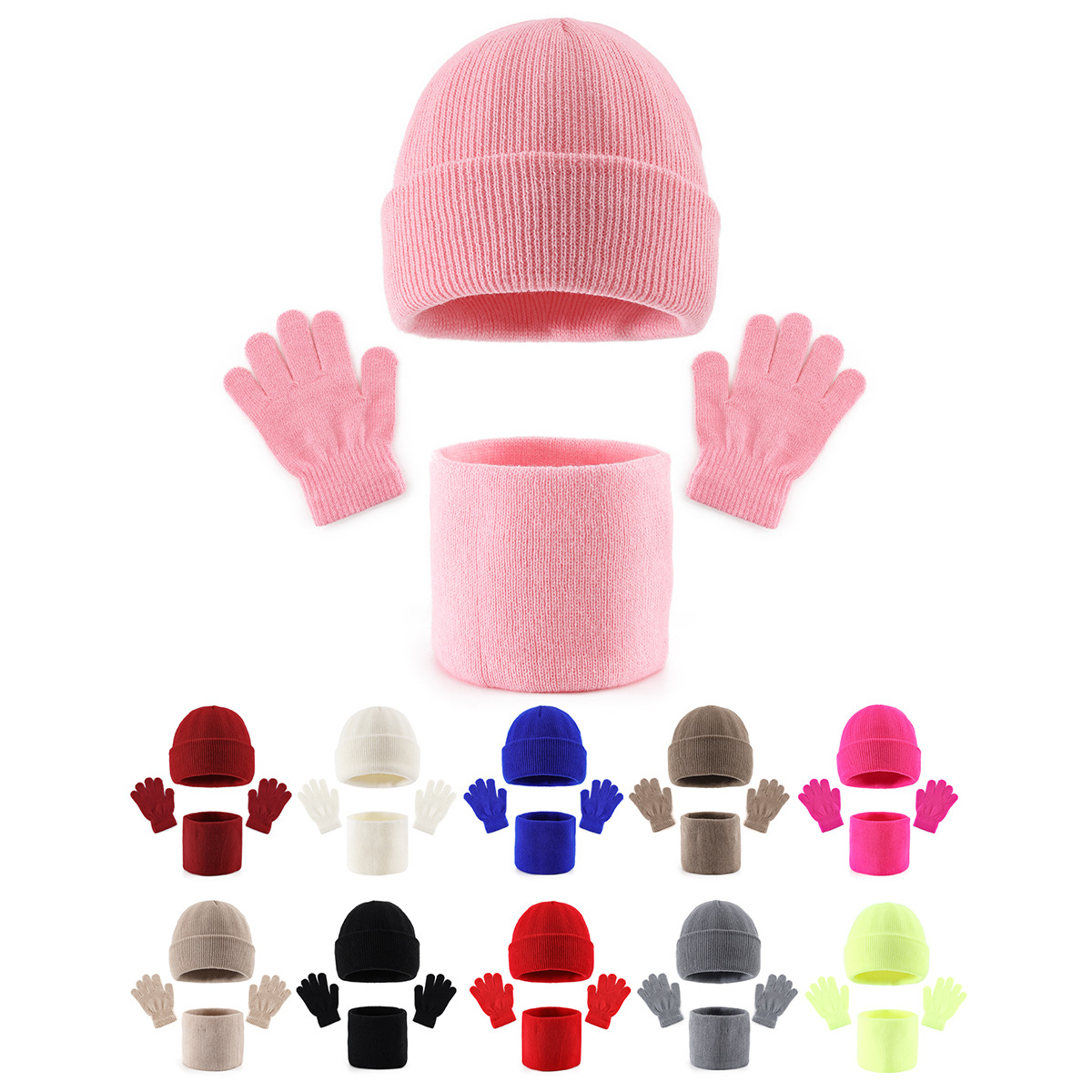 秋冬季儿童男女宝宝针织帽围脖分指手套防寒保暖护耳儿童针织帽子