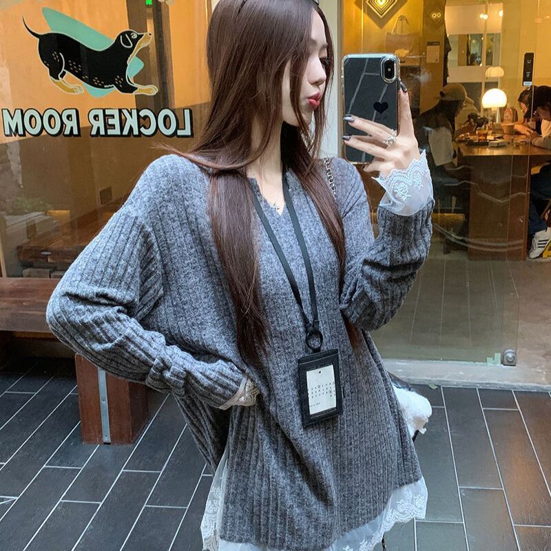 大码设计感蕾丝拼接vV领针织衫女秋冬季宽松显瘦磨毛加厚保暖毛衣|undefined