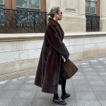 跨境女装系腰带加厚保暖毛毛外套环保水貂毛仿皮草人造毛加长大衣