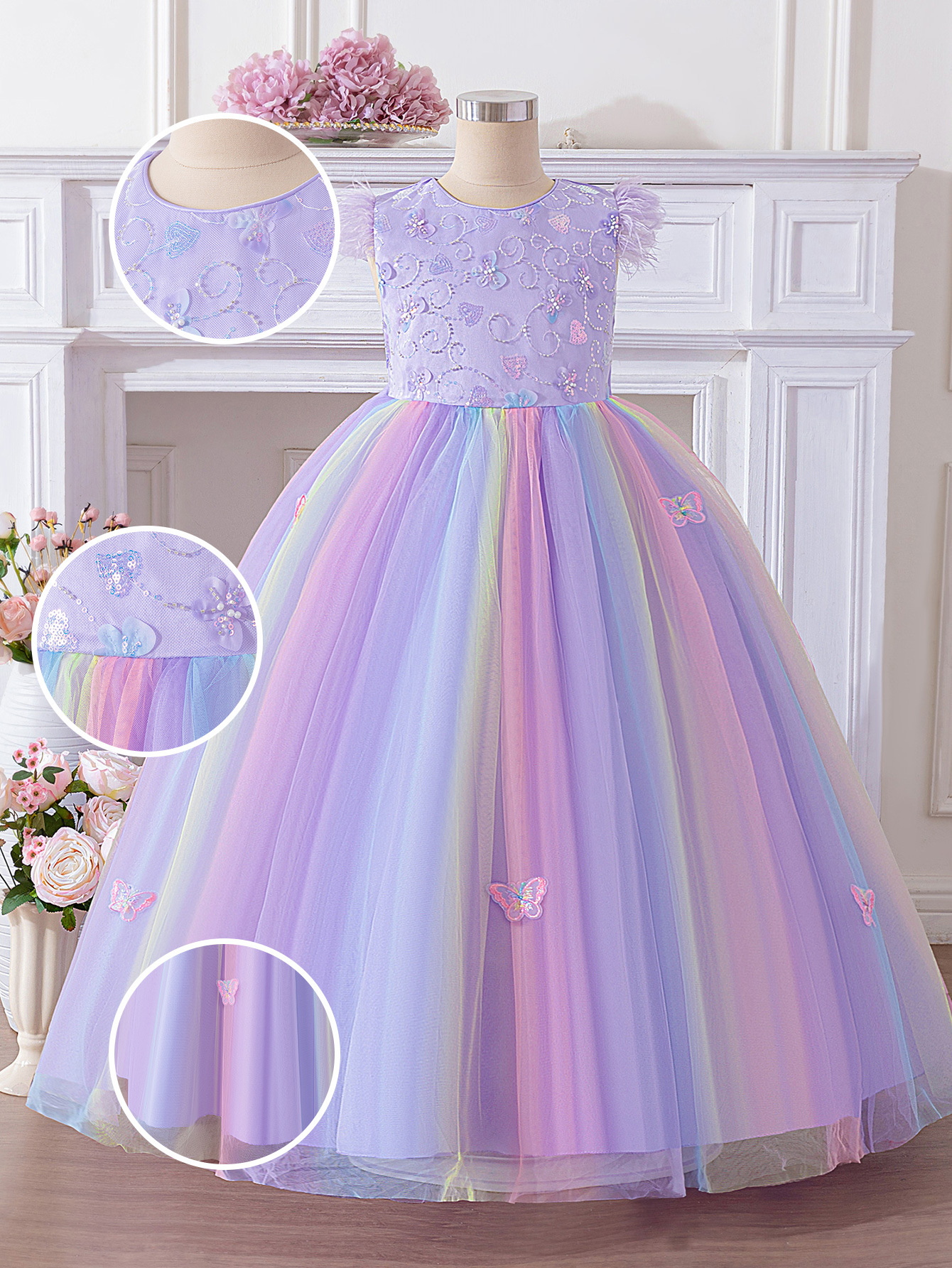 Vestido de malla de color vestido de princesa bordado vestido de cuentas vestido de piano de niña vestido de piano de niños