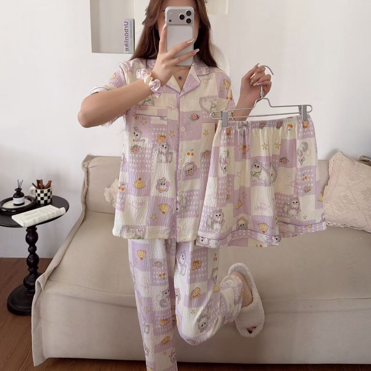 云朵棉夏天四件套长短裤短袖带胸垫甜美睡衣可爱大码套装家居服