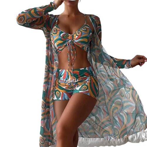 European and American foreign trade bikini swimsuit split three-piece set high-waisted long-sleeved ins blouse sunscreen internet celebrity cross-border drawstring