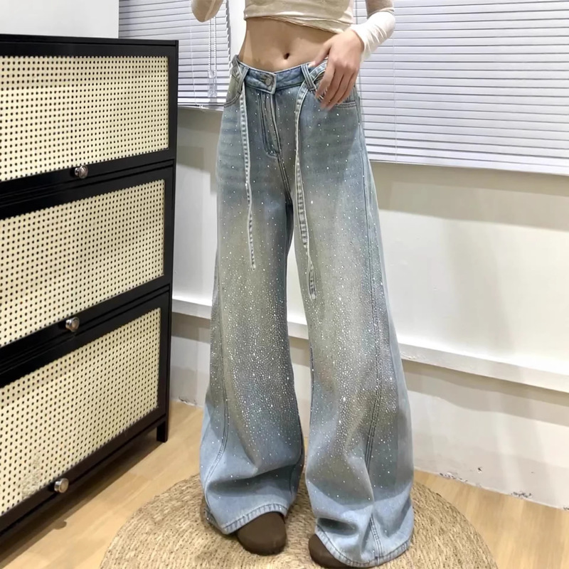 Starry Sky Jeans with Rhinestones, Wide-Leg Jeans for Women, Slightly Flared Floor-Length Pants, Women's Spring Style Starry Sky Jeans with Rhinestones, Wide-Leg Jeans for Women, Slightly Flared Floor-Length Pants, Women's Spring Style