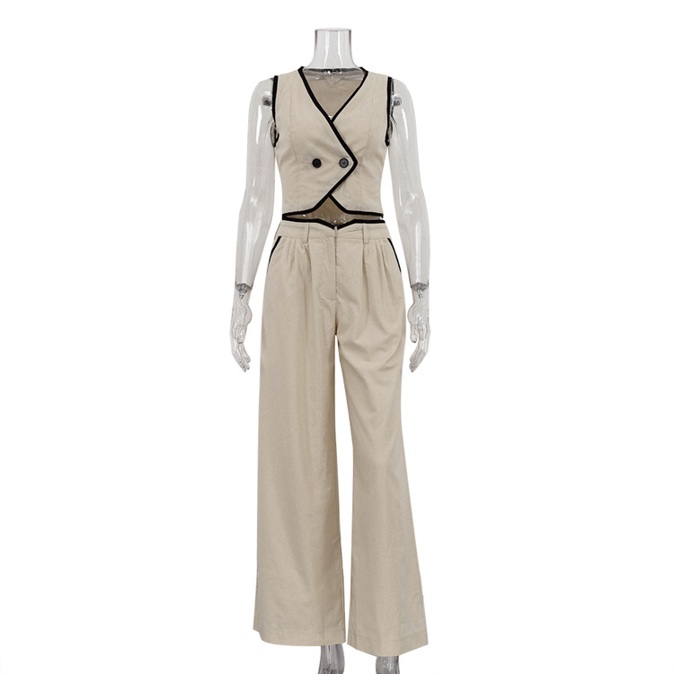 Fiesta Banquete Autofoto Mujeres Elegante Ropa De Calle Cuello En Contraste Algodón Conjunto Coordinado De Pantalón Conjuntos De Pantalones display picture 1