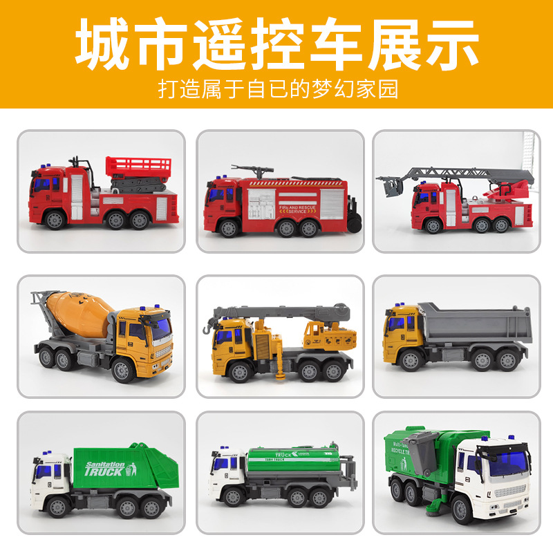 Excavadora de control remoto de 4 vías para niños camión volquete de transporte de ingeniería de juguete Protección contra incendios de 7 vías con un solo clic escalera de rociado de agua rescate
