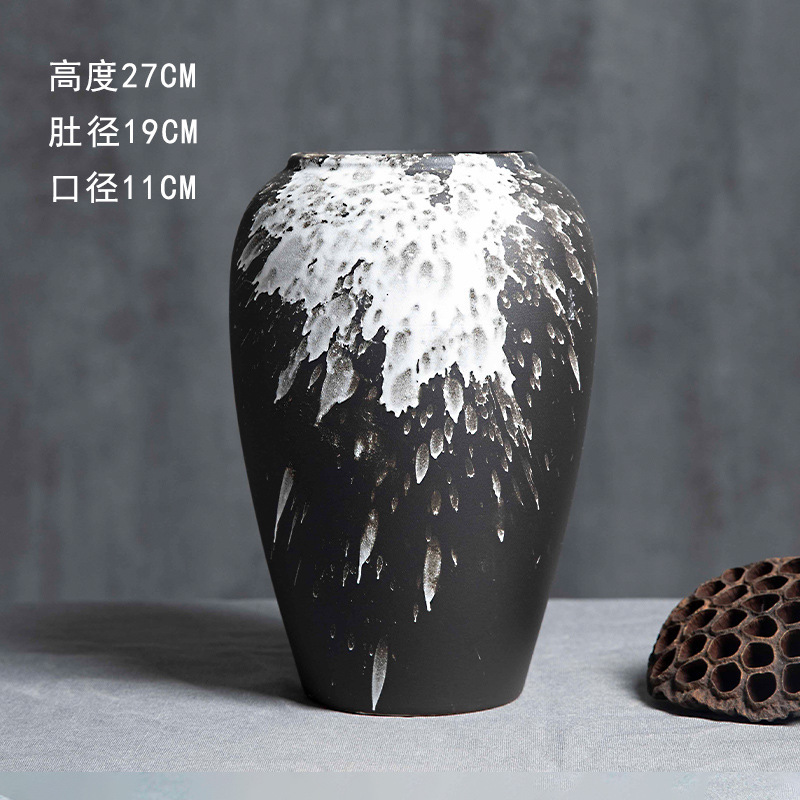 景徳鎮の陶磁器の花瓶の置物の客間の生け花の新しい中国式の玄関の装飾品の花器の復古の太い陶缶の植木鉢|undefined
