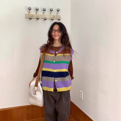 含羊毛撞色条纹马甲针织开衫女2025春装新款无袖坎肩百搭背心叠穿