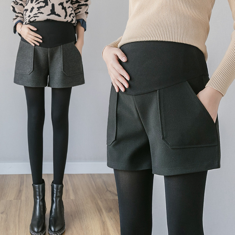 Real Shot Pregnant Women Autumn and Winter Woolen Wide-leg Shorts Internet Celebrant New Shorts Outer Wear Slim New Shorts Black
