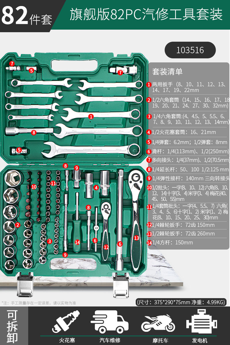 103516 [Flagship Edition 72 Teeth] Ratchet Wrench Enhanced 1/2 Dafei 82-piece set