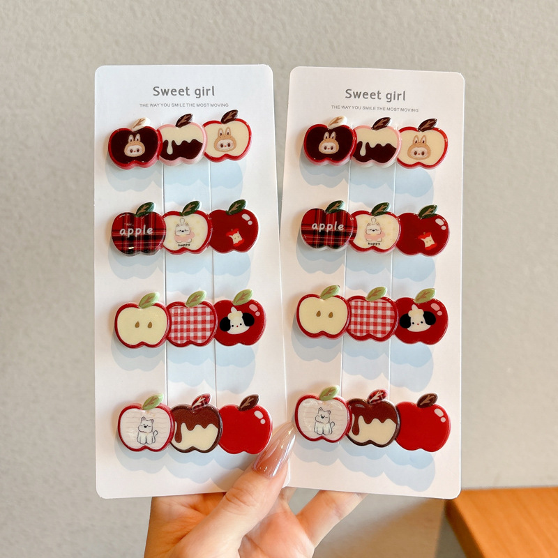 Dulce encantador dibujos animados manzanas accesorios para el cabello de chicas un clip de pelo no daña el cabello lateral clip de pelo roto al por mayor