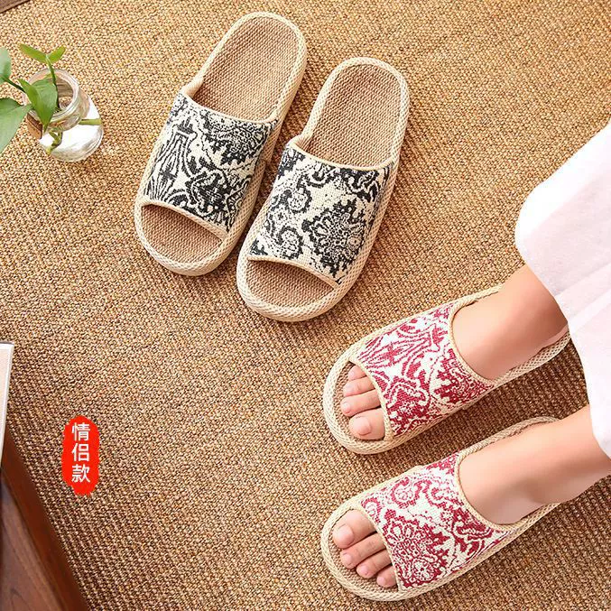 Весенне-осенние Винтажные льняные тапочки с принтом Four Seasons домашние дышащие домашние тапочки из хлопка и льна на платформе