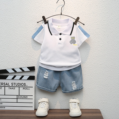 Children's new summer short-sleeved suit, baby boy, fashionable denim shorts two-piece set, children's clothing one piece drop shipping