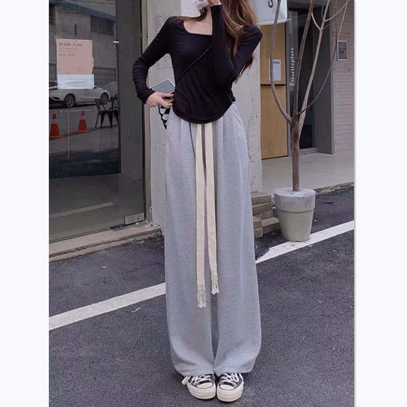 新款抽绳大码阔腿裤女秋季胖高腰宽松显瘦休闲运动拖地长裤