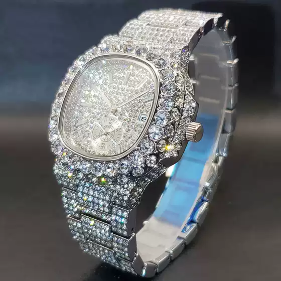 Men's platinum watch diamond iced hip hop party quartz watch men's full diamond double dial watch European and American hot