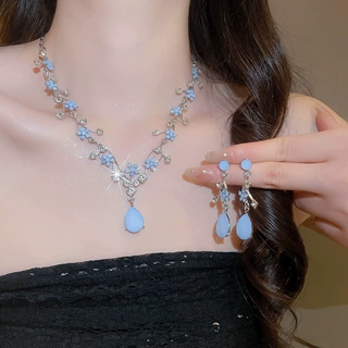 镶钻树脂水滴花朵耳环项链个性时尚精致锁骨链轻奢高级感项饰批发