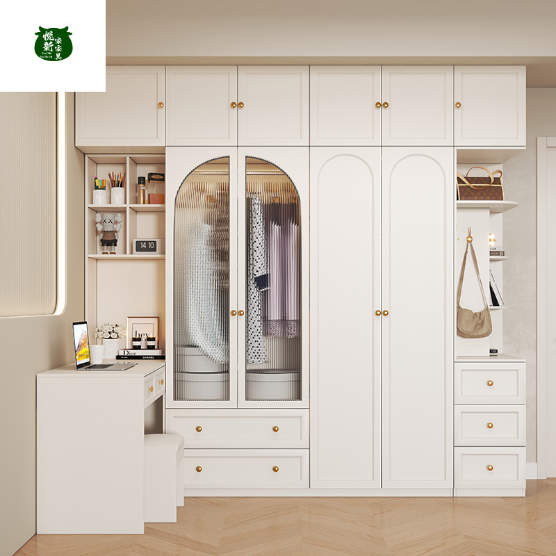 Wardrobe in French Cream Style for Home Use, Modern Minimalist Bedroom Computer Desk, Light Luxury Corner Integrated Extendable Cabinet
