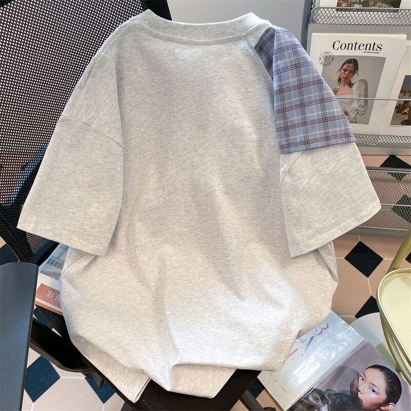 グレーリボンチェック柄ストラップスプライシング半袖Tシャツ女性用2025夏カレッジスタイルデザイン半袖トップ|undefined