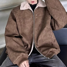 跨境黑灰色cleanfit皮毛一体羊羔绒外套男冬季加绒加厚棉服外套高