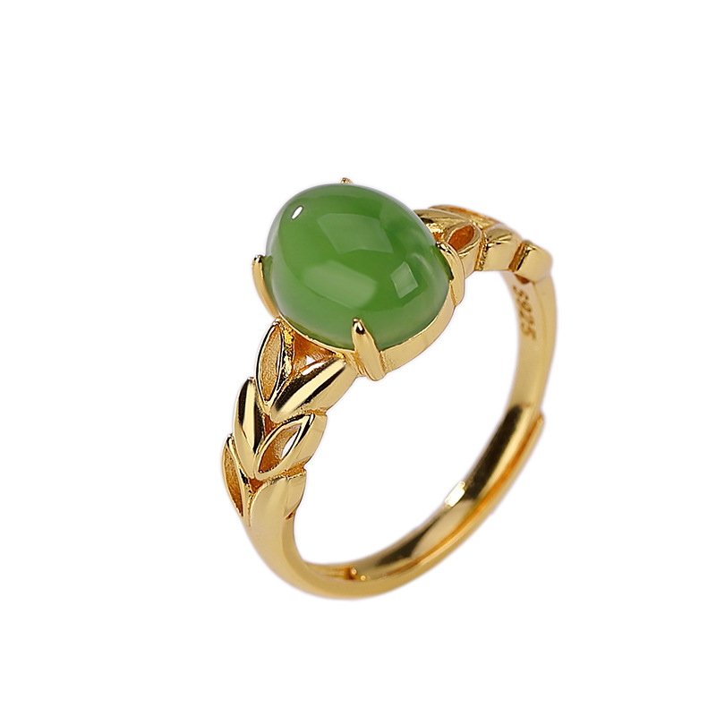 Nhẫn nữ bạc S925 mạ vàng đính ngọc bích jasper phong cách retro họa tiết vườn lúa mì — Kiểu mạ bạch kim