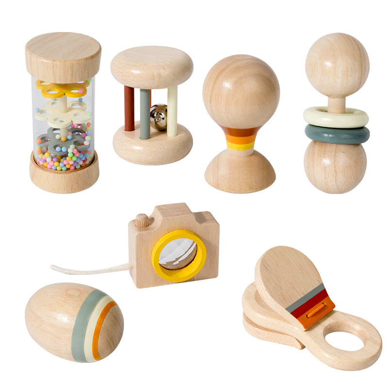 Regalo de cumpleaños para recién nacidos de madera, sonajero de mano de color, educación temprana Montessori, agarre, entrenamiento audiovisual, juguete calmante