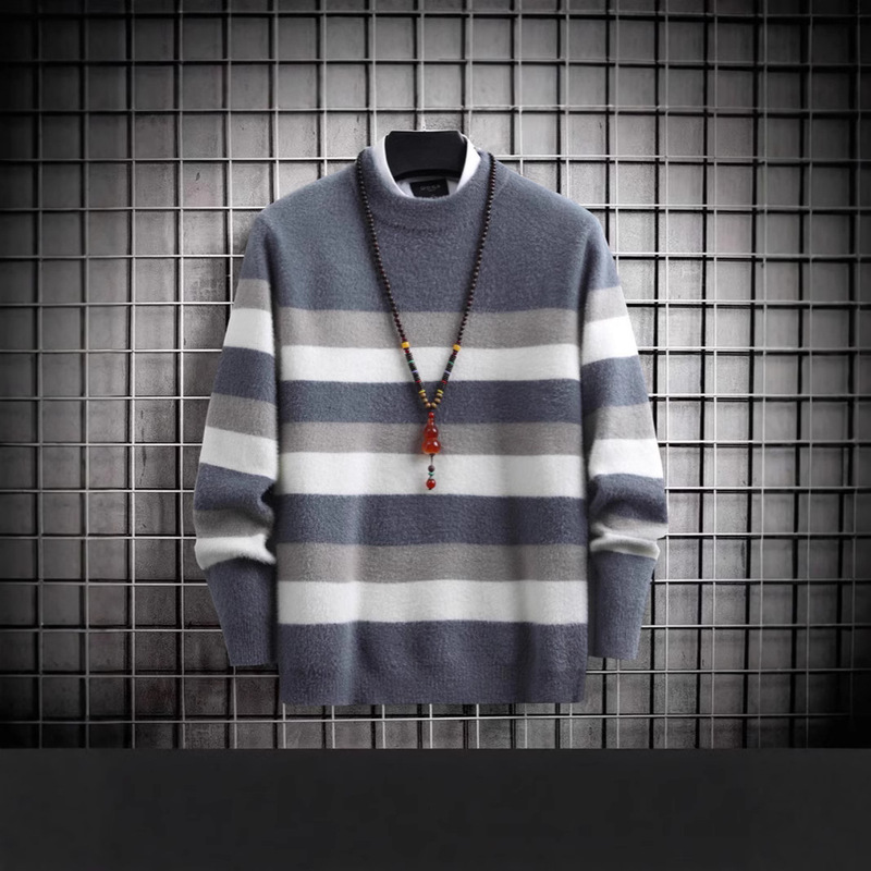 Source Manufacturer Nationwide Free Shipping Men's Sweater Thickened Faux Mink Fur New Striped Youth Knit Long Sleeve Sweater