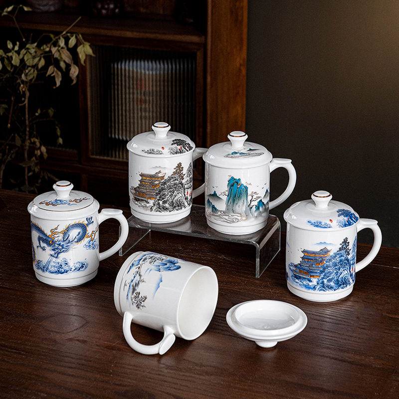 Dehua White Porcelain Sheep Fat Jade Tea Cup Ceramic Water Cup with Lid, Filter for Separating Tea and Water, Large Capacity Tea Mug