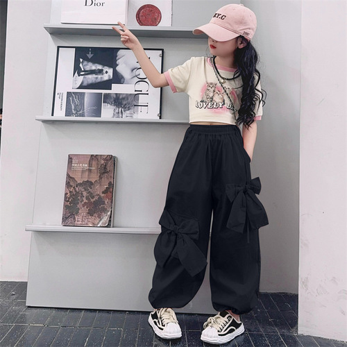 Girls 2024 American sports style round neck cartoon T-shirt sweet and cool style pink bow wide leg overalls suit