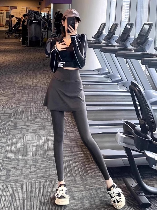 假两件鲨鱼裤女秋季大码高腰遮臀裙跑步运动健身速干打底裤瑜伽服|undefined