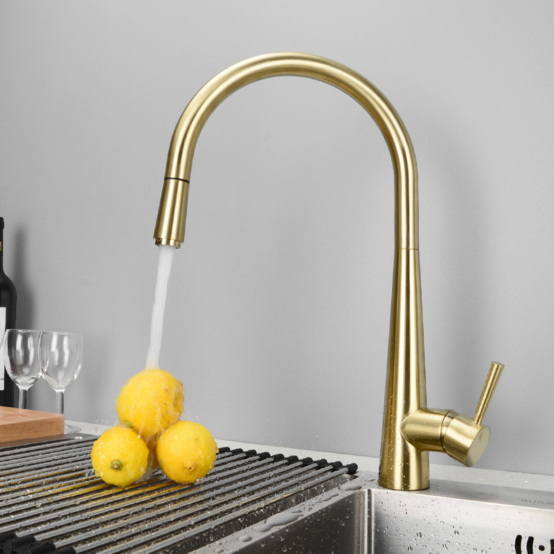 Cross-Border Hot-Selling High-Arc Black Brushed Gold All-Copper Pull-Out Rotatable Kitchen Hot and Cold Sink Faucet