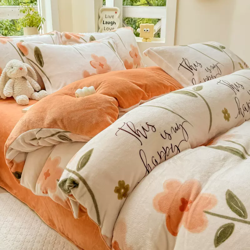 牛奶绒四件套金貂绒印花四件套雕花纯色三件套床裙款厂家批发