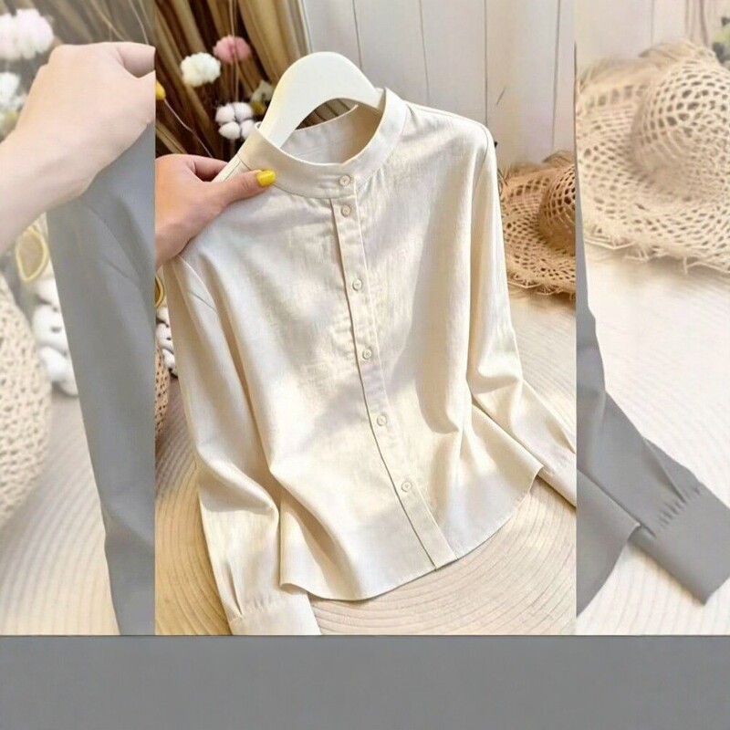 Drop-shipping stand-up collar long-sleeve women's shirt, solid color versatile commuter style top, new spring and autumn simple and elegant shirt Drop-shipping stand-up collar long-sleeve women's shirt, solid color versatile commuter style top, new spring and autumn simple and elegant shirt