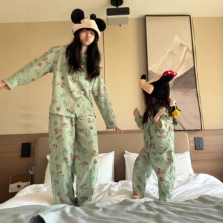 可爱亲子居家服套装2025秋季新款卡通动物米奇印花纯棉长袖套装潮
