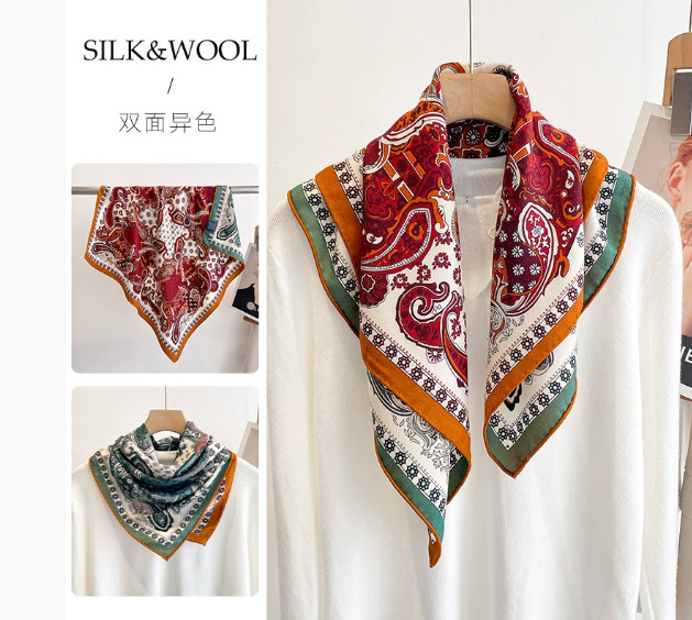 2025春秋冬新型高級シルクウールマフラー女性ファッション気質プリントストール両面シルクスカーフ